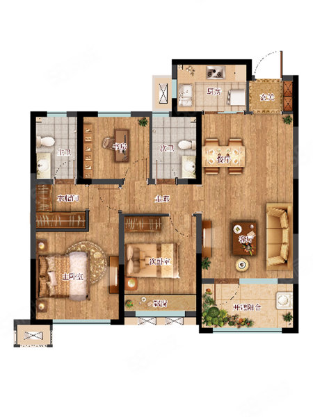 98㎡户型, 3室2厅1卫1厨, 建筑面积约98.00平米