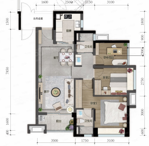 建面89㎡竖厅户型, 3室2厅2卫1厨, 建筑面积约89.00平米