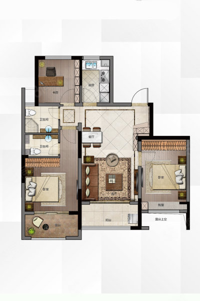 b户型奇数层, 3室2厅2卫, 建筑面积约88.00平米