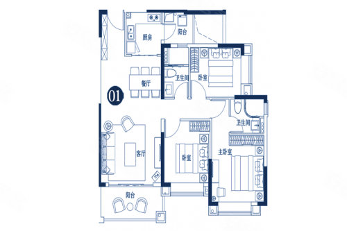 敏捷绿湖首府五期1座01户型,敏捷绿湖首府3室2厅2卫1厨约106.