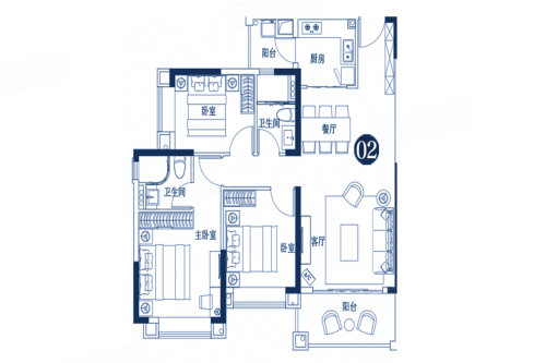 敏捷绿湖首府五期1座02户型,敏捷绿湖首府3室2厅2卫1厨约107.
