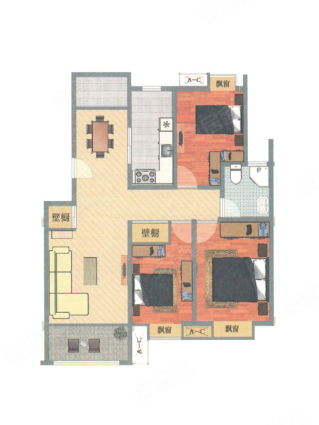 94平米户型图,朝南朝向 - 淮安安居客