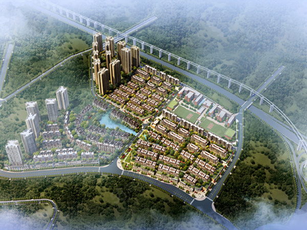 珠江城项目鸟瞰效果图，可以清晰的了解到项目整体规划情况。