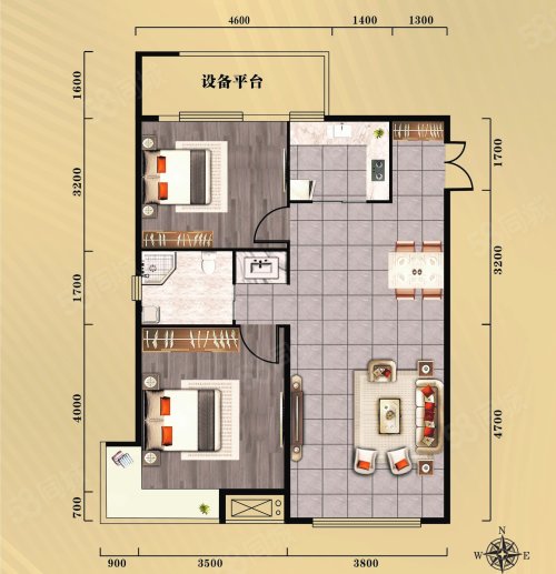 京都城b1户型,灯塔市京都城2室2厅1卫1厨约91.