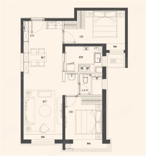 建发·珺和府B户型,建发·珺和府2室2厅1卫1厨约87.00平米户型图,朝南朝向 - 北京安居客