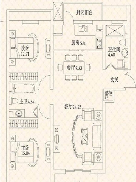 悦城76.89㎡两居户型，悦城2室2厅2卫1厨约115.40平米户型图，朝南北朝向 - 哈尔滨安居客