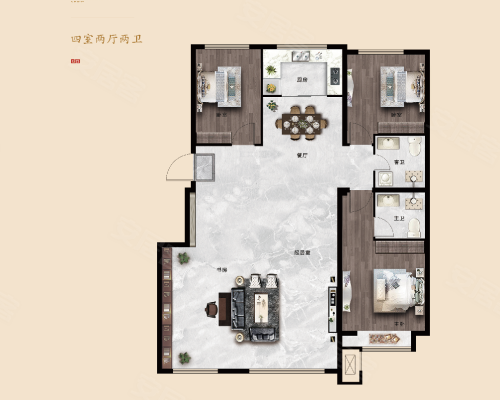 云璟台129平户型,云璟台4室2厅2卫1厨约129.00平米户型图,朝南朝向 - 鞍山安居客