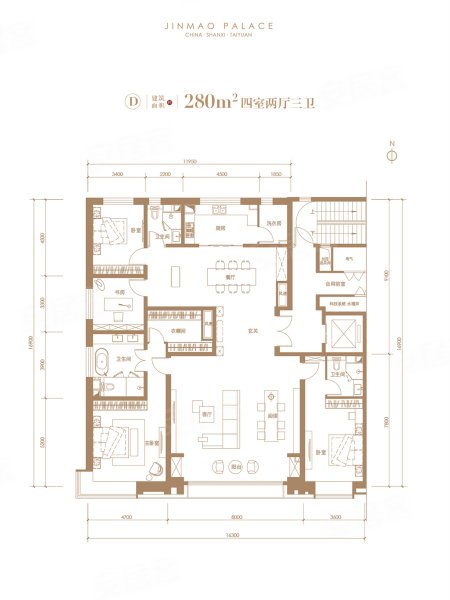 滨河金茂府280平方米户型，滨河金茂府4室2厅3卫1厨约280.00平米户型图，朝南朝向 - 太原安居客