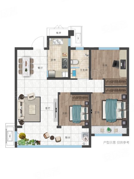 万城花开C1花意户型,万城花开3室2厅1卫1厨约105.00平米户型图,朝南朝向 - 淄博安居客