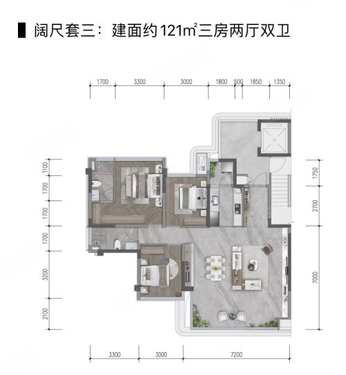 邦泰悦九章121平户型,邦泰悦九章3室2厅2卫1厨约121.00平米户型图,朝南北朝向 - 绵阳安居客