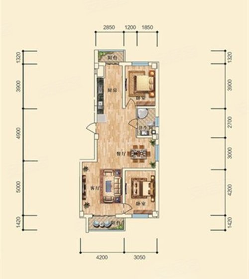 金域蓝景D1户型,金域蓝景2室1厅1卫1厨约114.27平米户型图,朝南北朝向 - 延边安居客