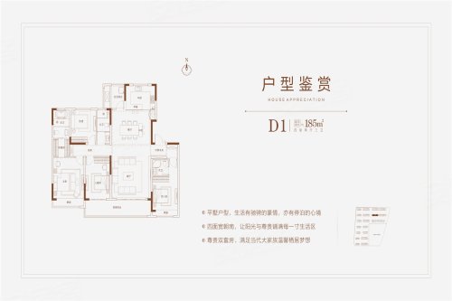 星联揽月湾D1户型，星联揽月湾4室2厅3卫1厨约185.00平米户型图，朝南朝向 - 开封安居客
