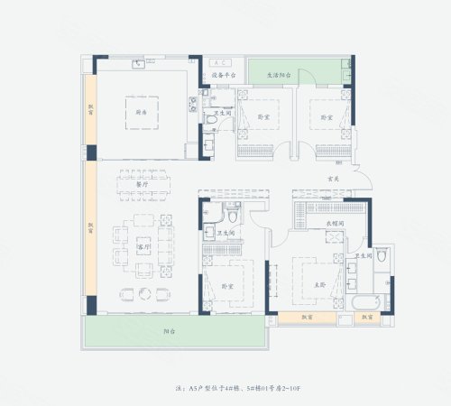 中国电建泷悦长安A5户型洋房,中国电建泷悦长安4室2厅3卫1厨约209.00平米户型图,朝南北朝向 - 长沙安居客