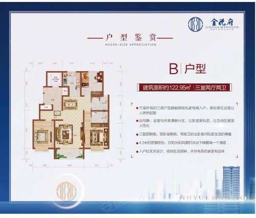 金悦府B户型，金悦府3室2厅2卫1厨约122.95平米户型图，朝南北朝向 - 白银安居客