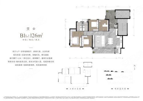 建发璞云B1户型,建发璞云4室2厅2卫1厨约126.00平米户型图,朝南朝向 - 成都安居客