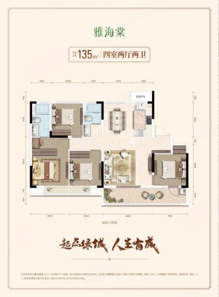绿城·映月海棠雅海棠，绿城·映月海棠4室2厅2卫1厨约135.00平米户型图，朝南朝向 - 淮南安居客