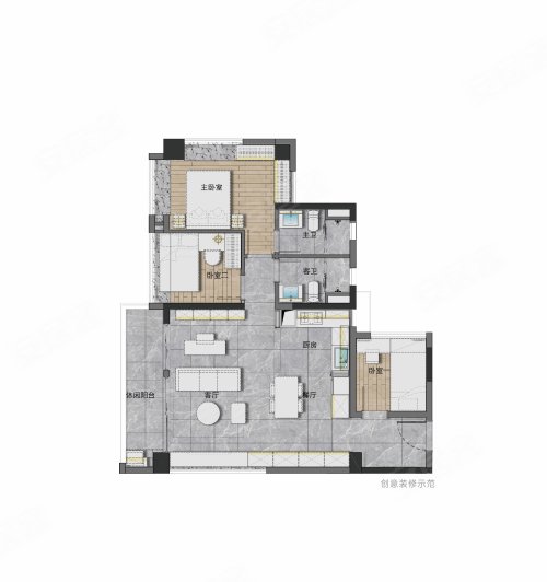 广州地铁地产·云城上品88平户型1，广州地铁地产·云城上品3室2厅2卫1厨约88.00平米户型图，朝西南朝向 - 广州安居客
