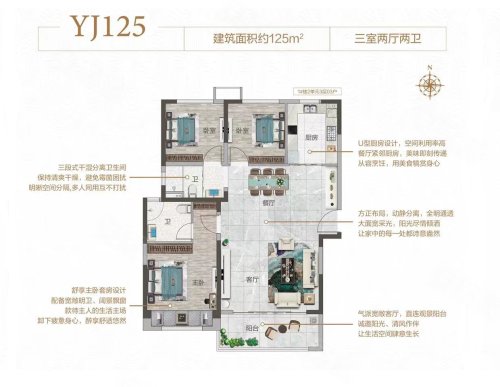 碧桂园珑悦YJ125,碧桂园珑悦3室2厅2卫1厨约125.00平米户型图,朝南朝向 - 洛阳安居客