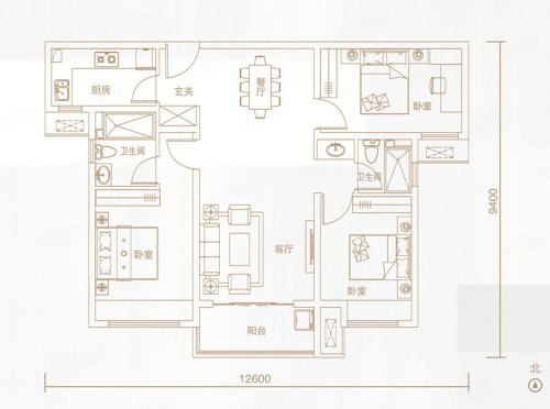新洲·光合宸院B户型,新洲·光合宸院3室2厅2卫1厨约110.00平米户型图,朝南北朝向 - 渭南安居客