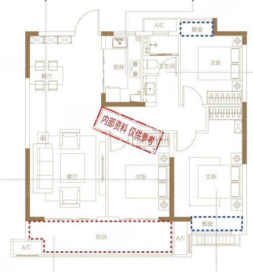 东方学府D户型,东方学府3室2厅1卫1厨约107.00平米户型图,朝南北朝向 - 六安安居客