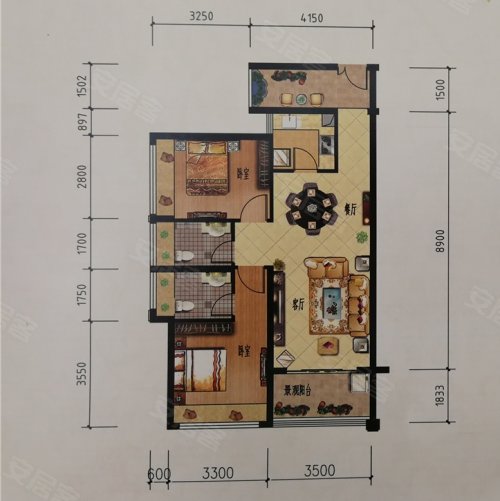 幸福里E，幸福里2室2厅2卫1厨约91.40平米户型图，朝西朝向 - 揭阳安居客