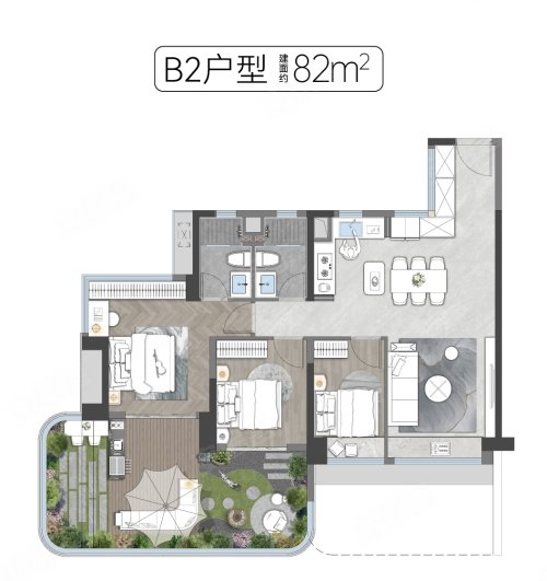 招商林屿境82平B2户型，招商林屿境3室2厅2卫1厨约82.00平米户型图，朝南朝向 - 广州安居客
