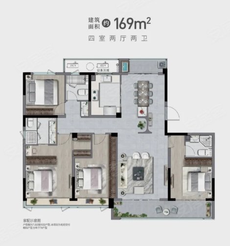 上品学府169方户型,上品学府4室2厅3卫1厨约169.00平米户型图,朝南朝向 - 诸暨安居客