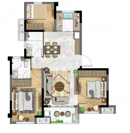 建发·和鸣约89㎡A户型，建发·和鸣3室2厅2卫1厨约89.00平米户型图，朝南北朝向 - 南平安居客