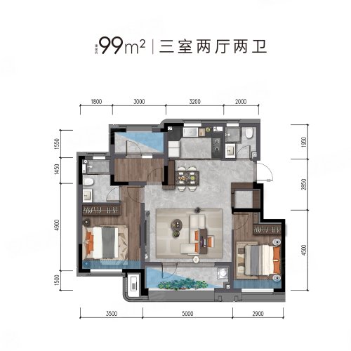 大连·金地城A7洋房99平户型，大连·金地城3室2厅2卫1厨约99.00平米户型图，朝南北朝向 - 大连安居客