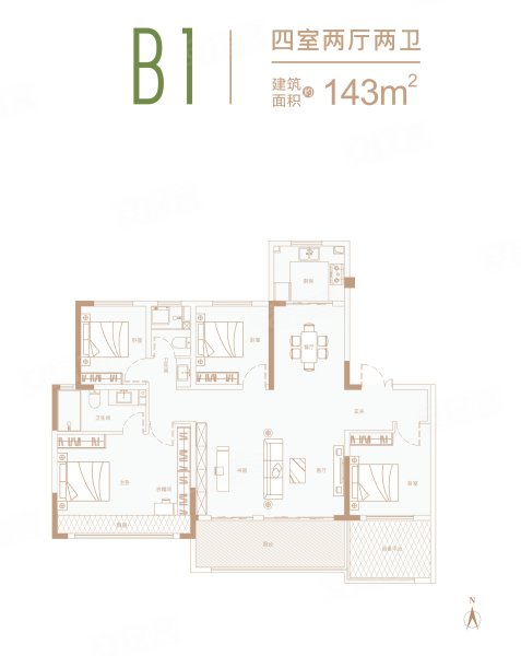 苏荷揽月庭B1户型,苏荷揽月庭4室2厅2卫1厨约143.00平米户型图,朝南朝向 - 漯河安居客