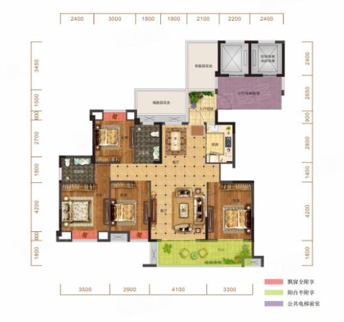 观澜府L户型，观澜府4室2厅2卫1厨约134.59平米户型图，朝南朝向 - 黄石安居客