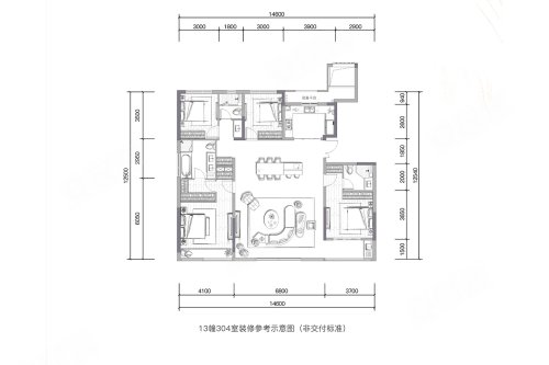绿城·翠麓洋房178方户型,绿城·翠麓4室2厅3卫1厨约178.00平米户型图,朝南朝向 - 湖州安居客