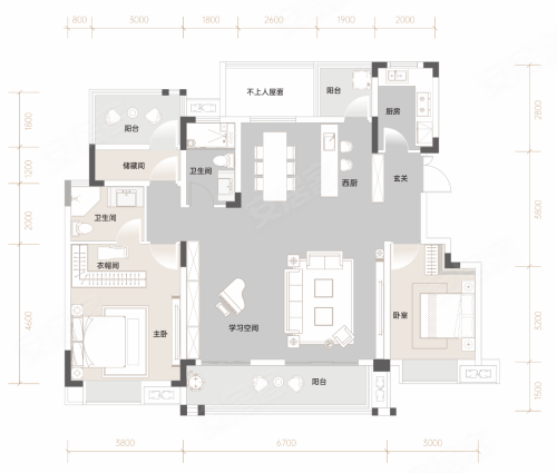 金亚麓鸣府A2户型，金亚麓鸣府3室2厅2卫1厨约130.00平米户型图，朝南北朝向 - 宜昌安居客