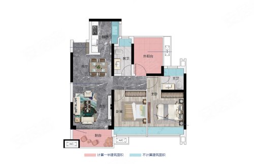 嘉葆润·禧悦79平方米户型,嘉葆润·禧悦2室2厅2卫1厨约79.00平米户型图,朝南朝向 - 中山安居客