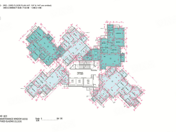 蔚藍東岸第2座
3樓至23樓樓面平面圖（不設4樓、13樓及14樓）