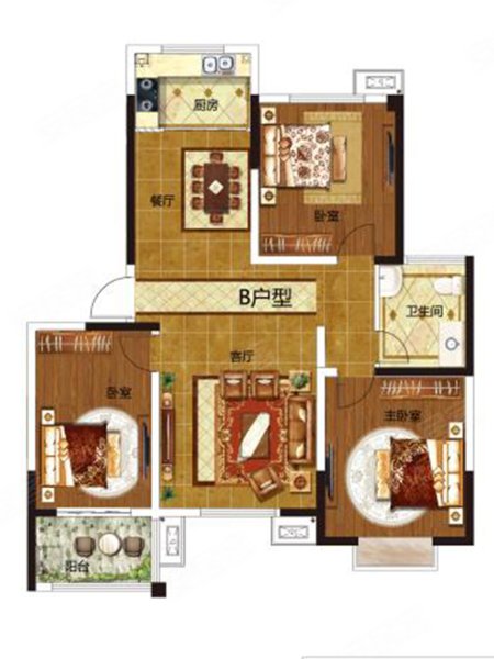 花语城B户型,花语城3室2厅1卫1厨约122.00平米户型图,朝南朝向 - 濮阳安居客