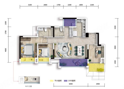中交锦悦御璟台洋房建面93，中交锦悦3室2厅2卫1厨约93.00平米户型图，朝南朝向 - 重庆安居客