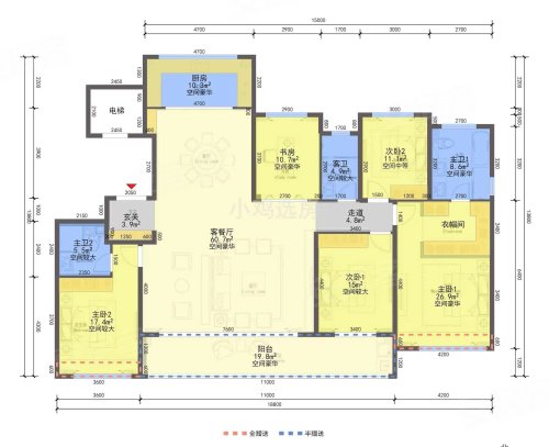 滨汇府215方户型，滨汇府5室2厅3卫1厨约215.00平米户型图，朝南朝向 - 杭州安居客