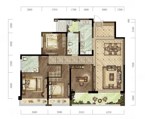 金融街融景城4号楼B户型套内约119㎡,金融街融景城3室2厅2卫1厨约145.00平米户型图,朝南朝向 - 重庆安居客