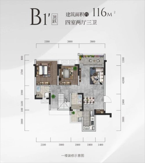 阳光·云玺B1顶跃,阳光·云玺4室2厅3卫0厨约116.00平米户型图,朝南北朝向 - 广元安居客