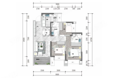 隆投壹号院D1户型,隆投壹号院3室2厅2卫1厨约98.00平米户型图,朝北朝向 - 内江安居客