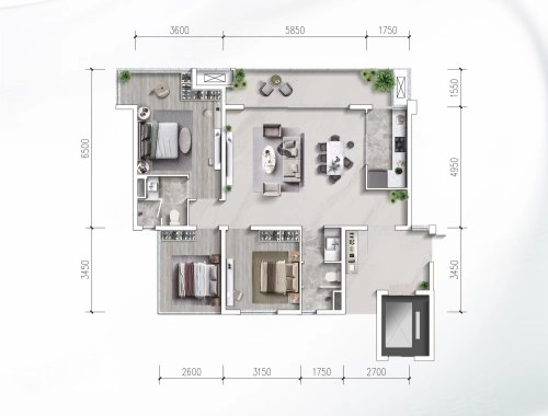 璟上江瀾璟园C1户型，璟上江瀾璟园3室2厅2卫1厨约114.00平米户型图，朝南北朝向 - 绵阳安居客