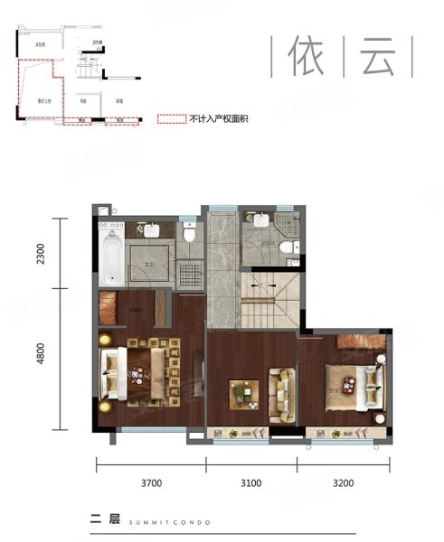 金地玖峯汇155方上叠02,金地玖峯汇别墅约155.00平米户型图,朝南朝向 - 杭州安居客