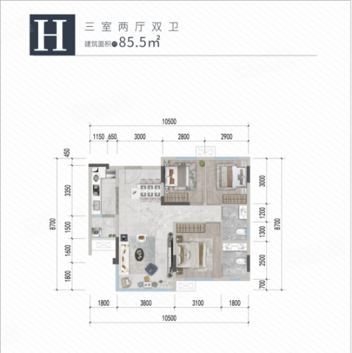 阳光央著H户型，阳光央著3室2厅2卫1厨约85.50平米户型图，朝南朝向 - 安岳安居客