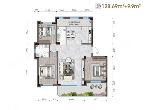 华溪·御龙学府D1户型奇数层,华溪·御龙学府3室2厅2卫1厨约128.69平米户型图,朝南北朝向 - 大庆安居客