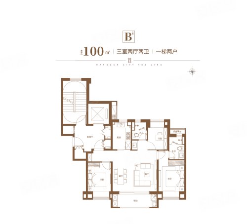 港城悦领B户型,港城悦领3室2厅2卫1厨约100.00平米户型图,朝南朝向 - 上海安居客
