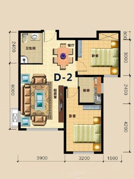 信合·龙湾半岛一期D-2户型，信合·龙湾半岛2室2厅1卫0厨约80.00平米户型图，朝南朝向 - 包头安居客