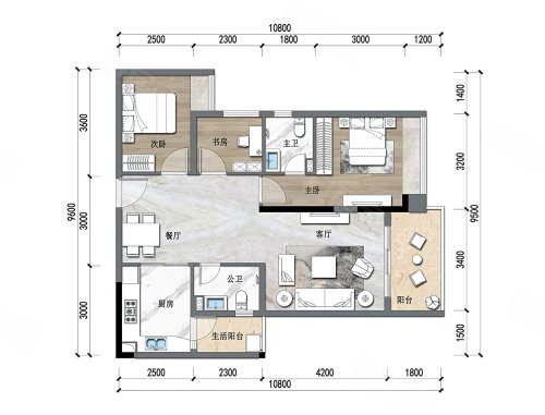 罗浮印象89平米户型,罗浮印象3室2厅2卫1厨约89.00平米户型图,朝南朝向 - 惠州安居客