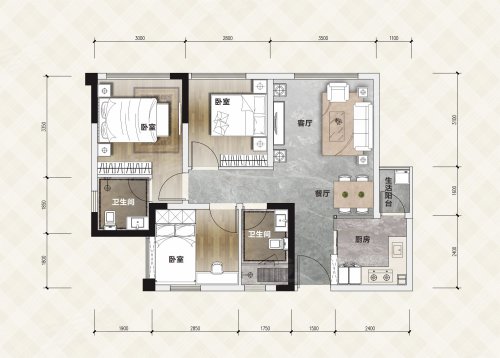 希望·未来城B1户型,希望·未来城3室2厅2卫1厨约84.00平米户型图,朝南北朝向 - 德阳安居客