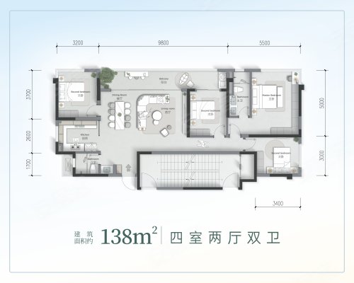 龙湖西宸御湖境138平户型1,龙湖西宸御湖境4室2厅2卫1厨约138.00平米户型图,朝南北朝向 - 成都安居客